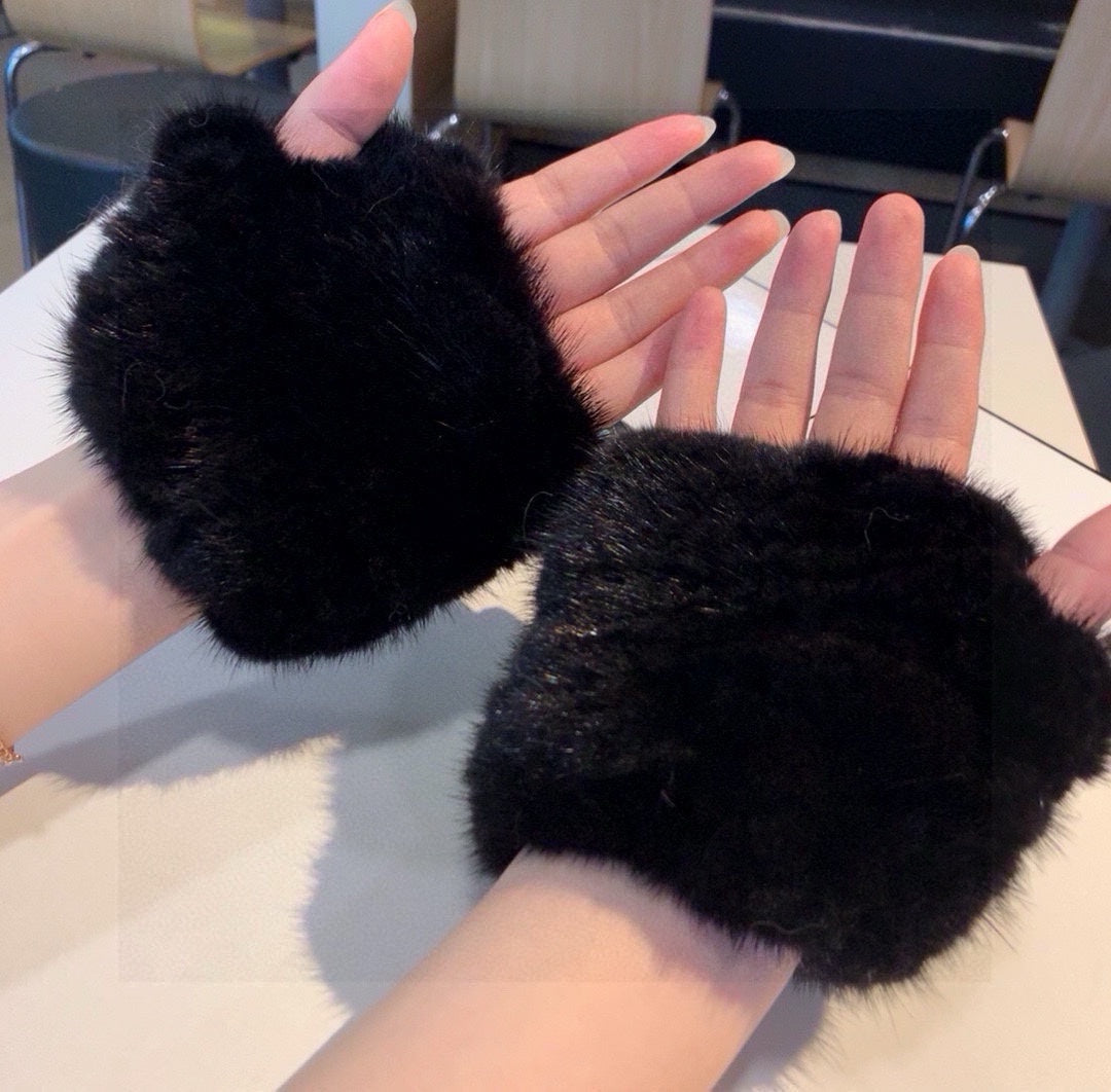 FINGERLESS HALF GLOVES IN BLACK RABBIT FUR 462278