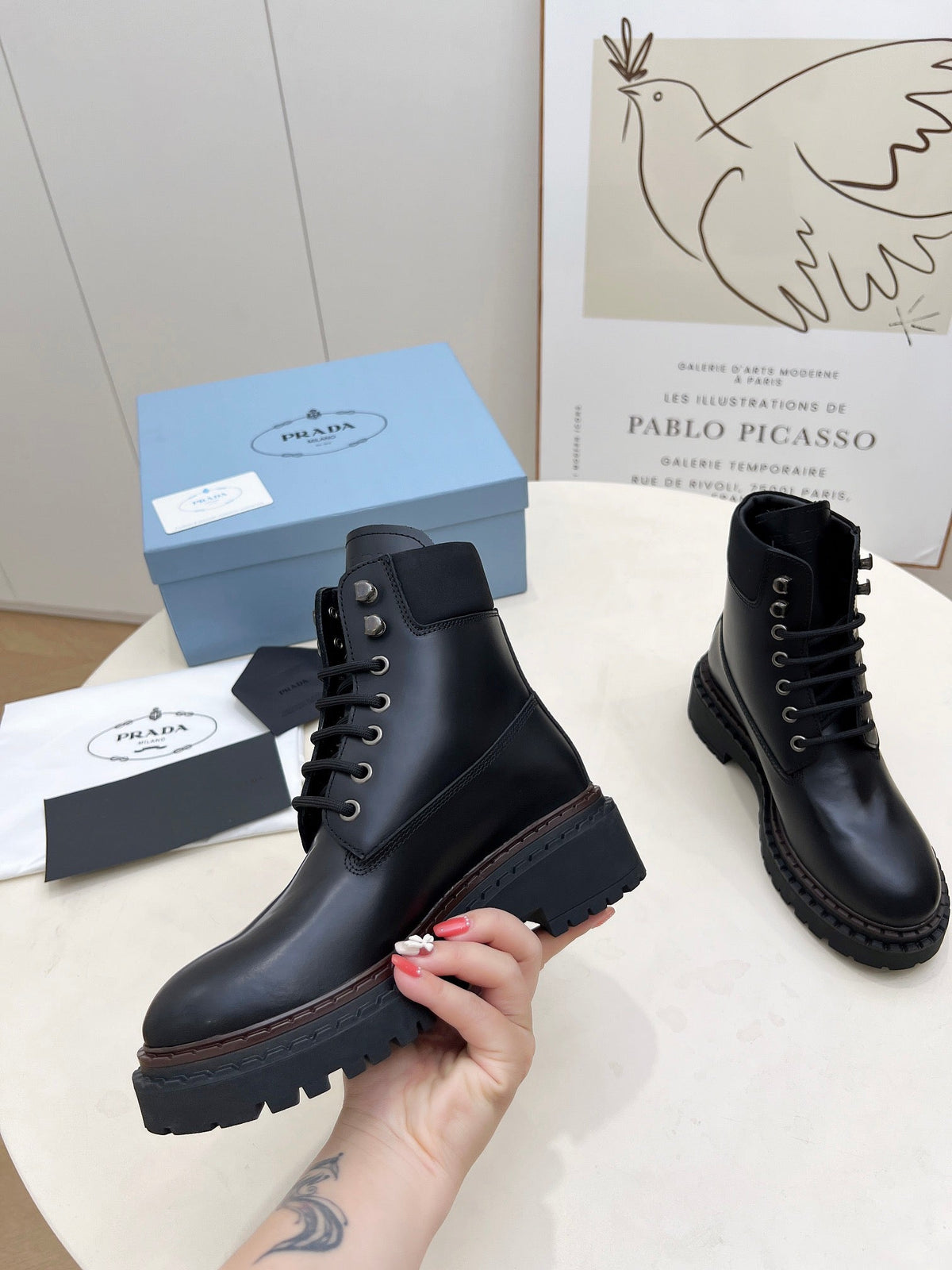 PRADA 25S LACE UP BOOTS BLACK GLOSSY CALFSKIN