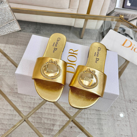 DIOR 26S  FLAT SLIDE SANDALS IN GOLD CALFSKIN WITH GOLD HARDWARE
