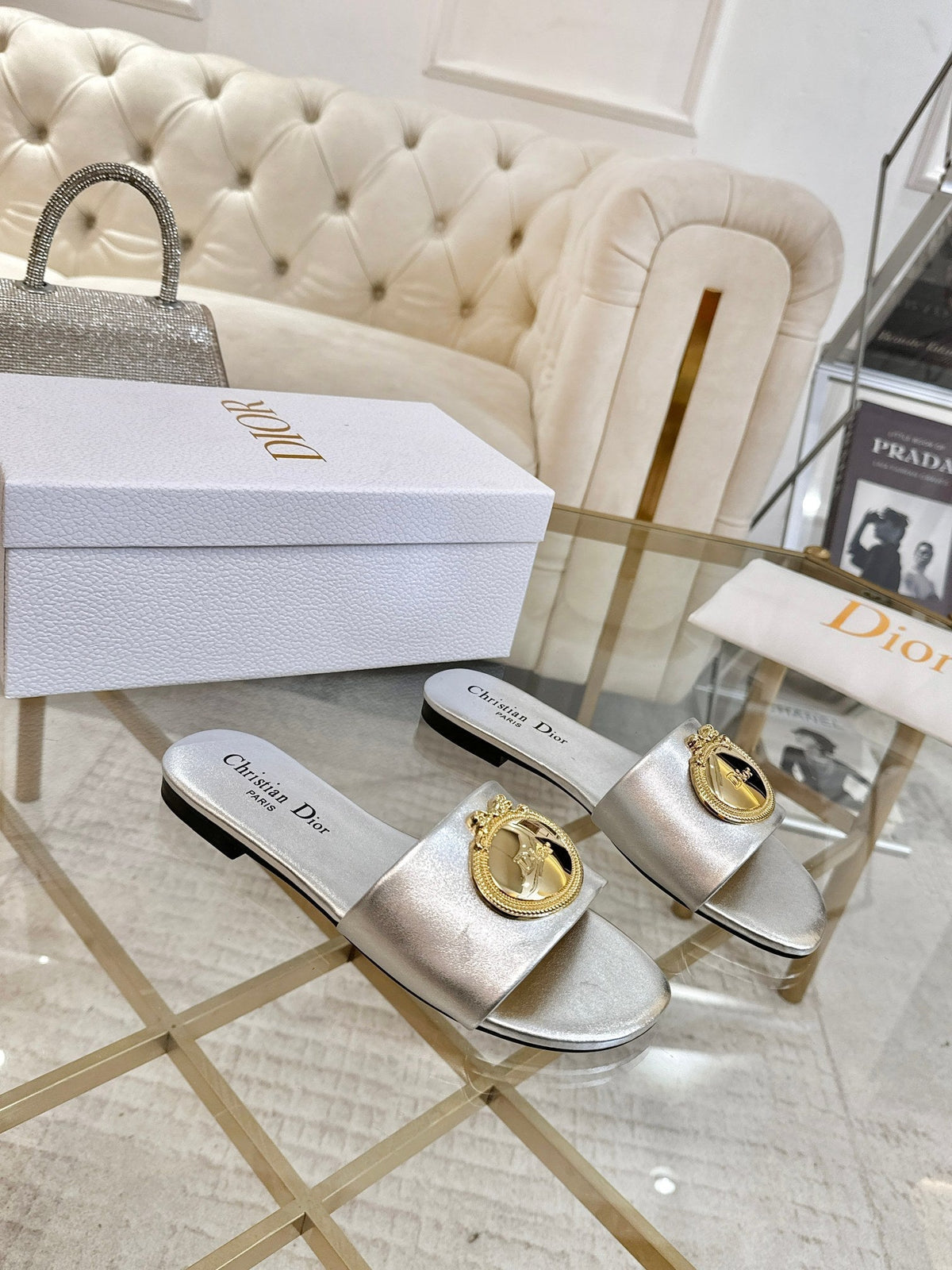 DIOR 26S  FLAT SLIDE SANDALS IN SILVER CALFSKIN WITH GOLD HARDWARE