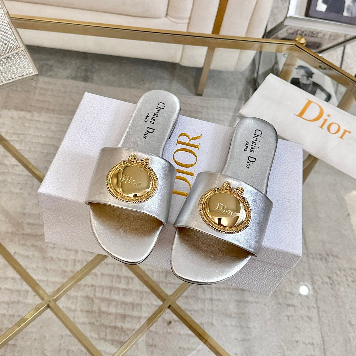 DIOR 26S  FLAT SLIDE SANDALS IN SILVER CALFSKIN WITH GOLD HARDWARE