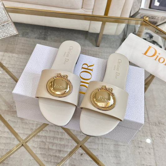DIOR 26S  FLAT SLIDE SANDALS IN IVORY WHITE CALFSKIN WITH GOLD HARDWARE