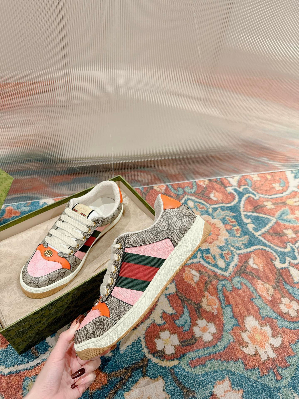 GUCCI 26S SCREENER SNEAKER IN BEIGE MIX LIGHT PINK CANVAS