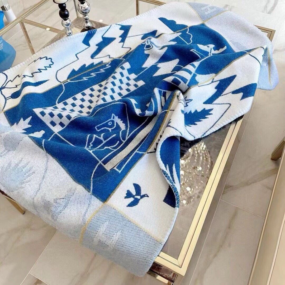 AVALON EPOPEE BLANKET 140 CM IN COBALT BLUE WOOL AND CASHMERE 415188