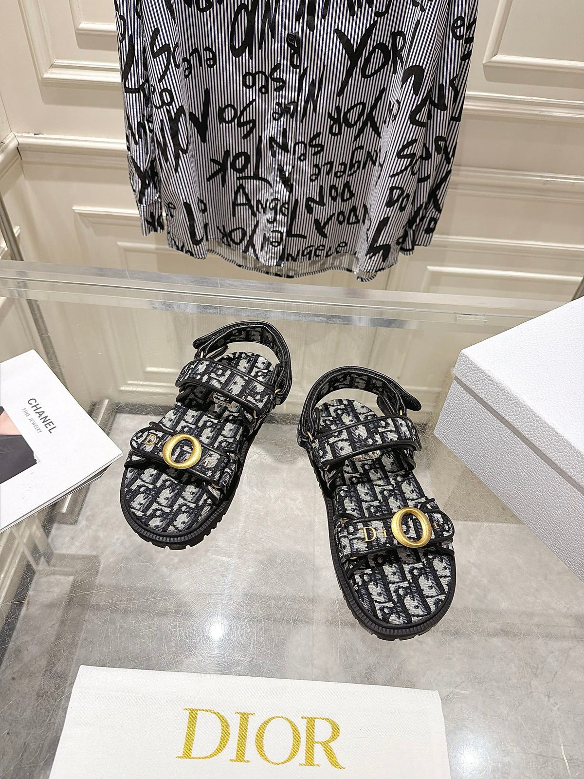 DIOR 26S VELCRO SANDALS IN BLACK MIX WHITE OBLIQUE CANVAS