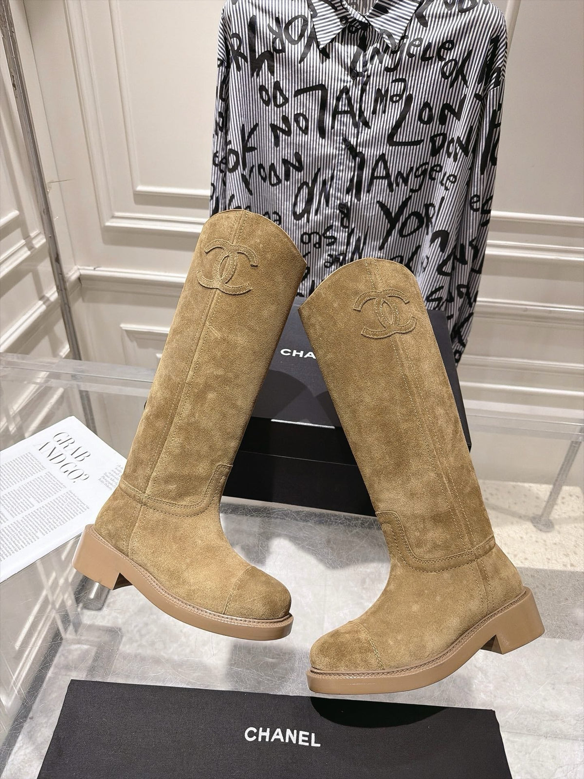 CHANEL 26S KNEE HIGH BOOTS 30 MM IN BEIGE SUEDE