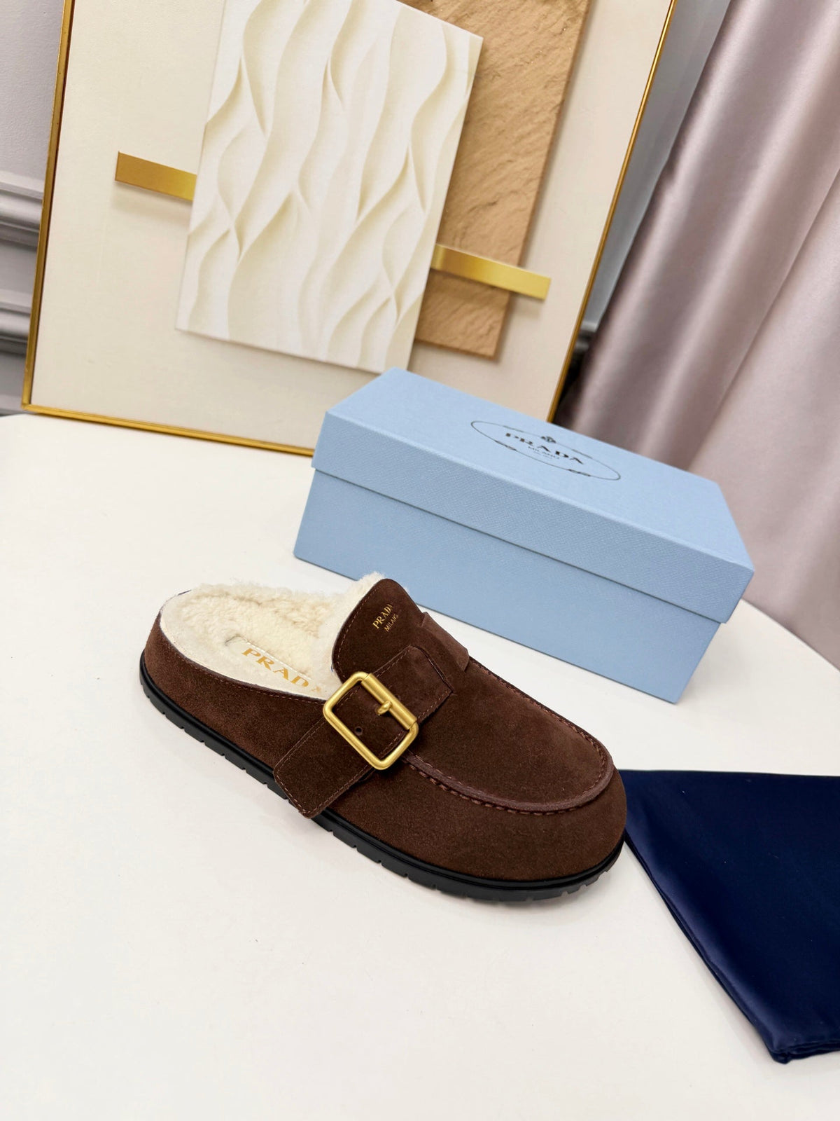 PRADA 26S SHEARLING-LINED MULES IN CHOCOLATE BROWN SUEDE