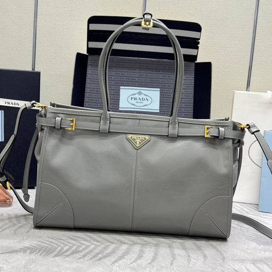PRADA 25S BONNIE LARGE HANDBAG 38 IN GRAY GLOSSY CALFSKIN GOLD HARDWARE