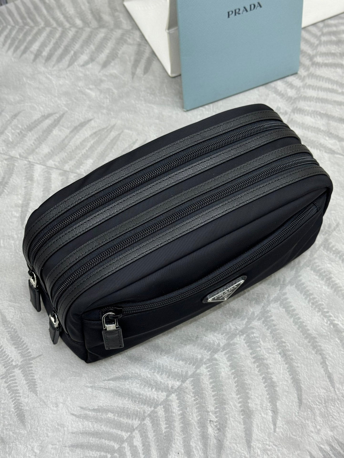 PRADA 25S MEDIUM CLUTCH BAG 26 IN BLACK NYLON SILVER HARDWRE