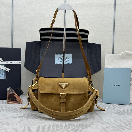 PRADA 25S EXPLORE MEDIUM SHOULDER BAG 30 IN DARK GOLDEN BROWN SUEDE WITH FLAP