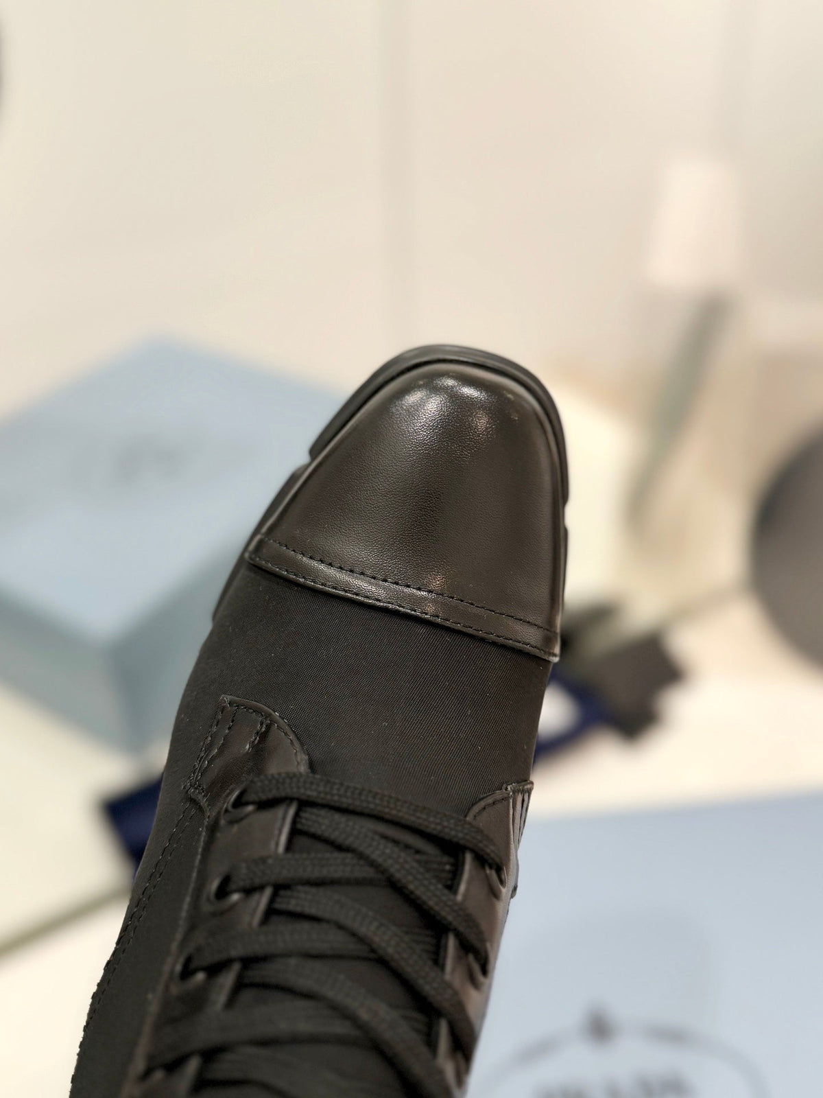 PRA RE-NYLON AND LEATHER BOOTIES BLACK