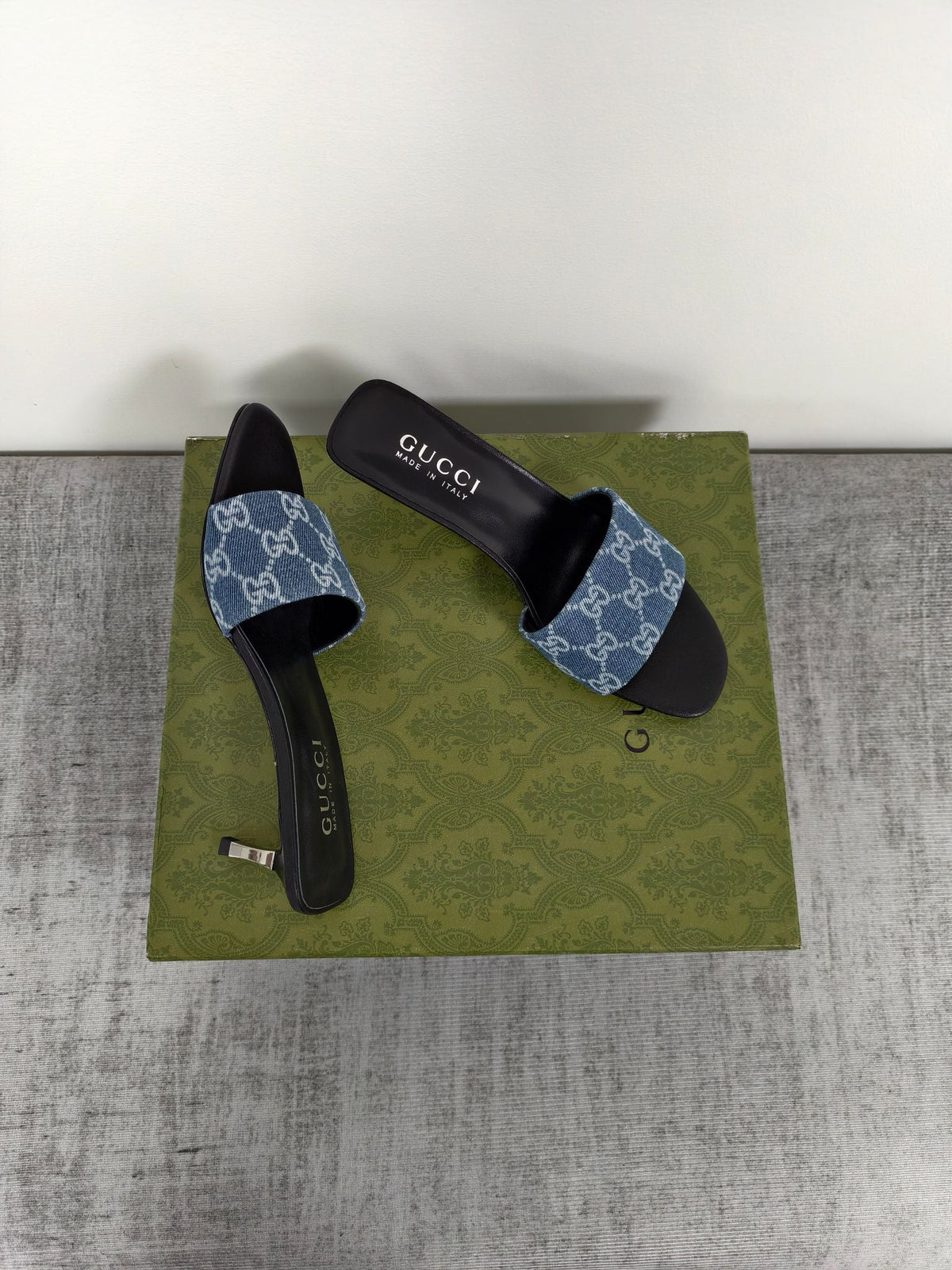 GUCCI 26S MULE SANDALS 55MM IN BLUE GG DENIM