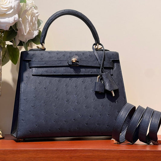 KELLY SELLIER 25 BAG IN PRUSSIAN BLUE OSTRICH LEATHER WITH GOLD HARDWARE