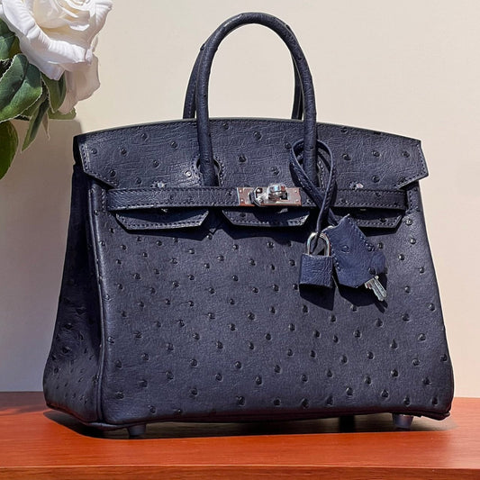 KELLY SELLIER 25 BAG IN SPACE BLUE OSTRICH LEATHER WITH SILVER HARDWARE