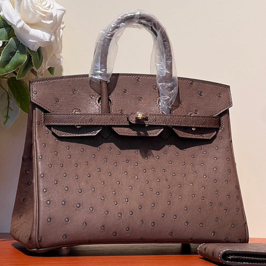 KELLY SELLIER 25 BAG IN PEACAN BROWN OSTRICH LEATHER WITH GOLD RHINSTONES