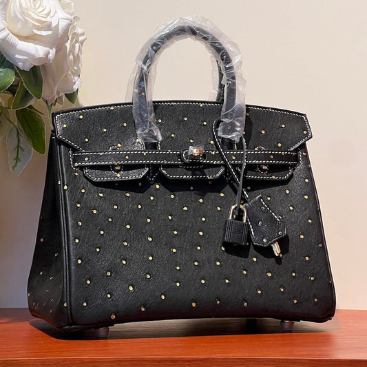 KELLY SELLIER 25 BAG IN BLACK OSTRICH LEATHER WITH GOLD RHINSTONES