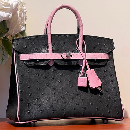 KELLY  SELLIER 25 BAG IN BLACK MIX BABY PINK OSTRICH LEATHER