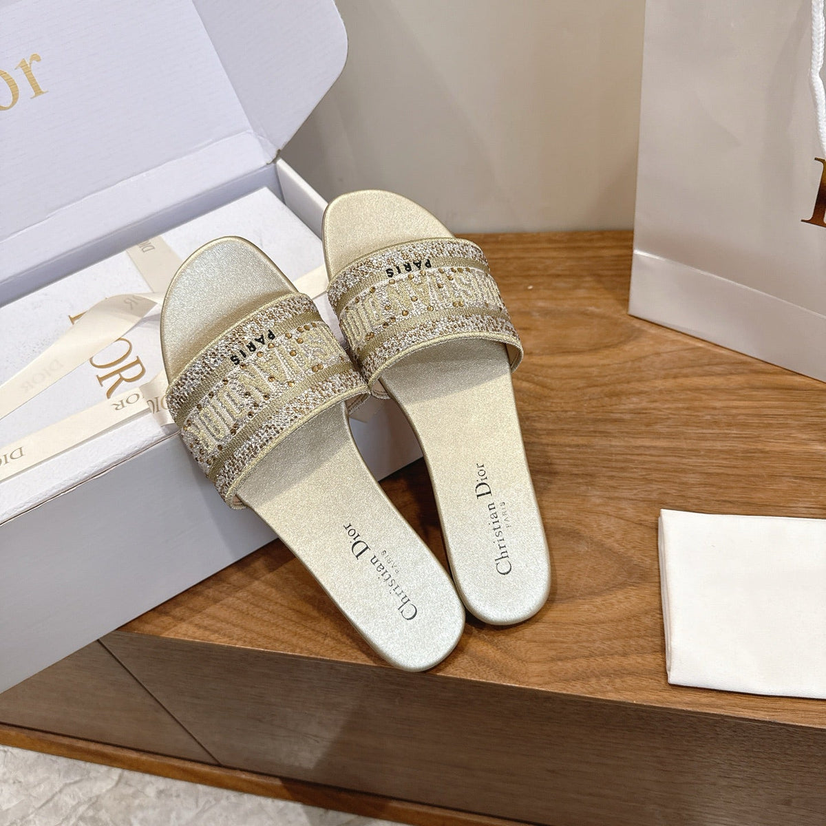 DIOR 26S FLAT SLIDE SANDALS IN GOLD CRYSTAL-EMBROIDERED CANVAS