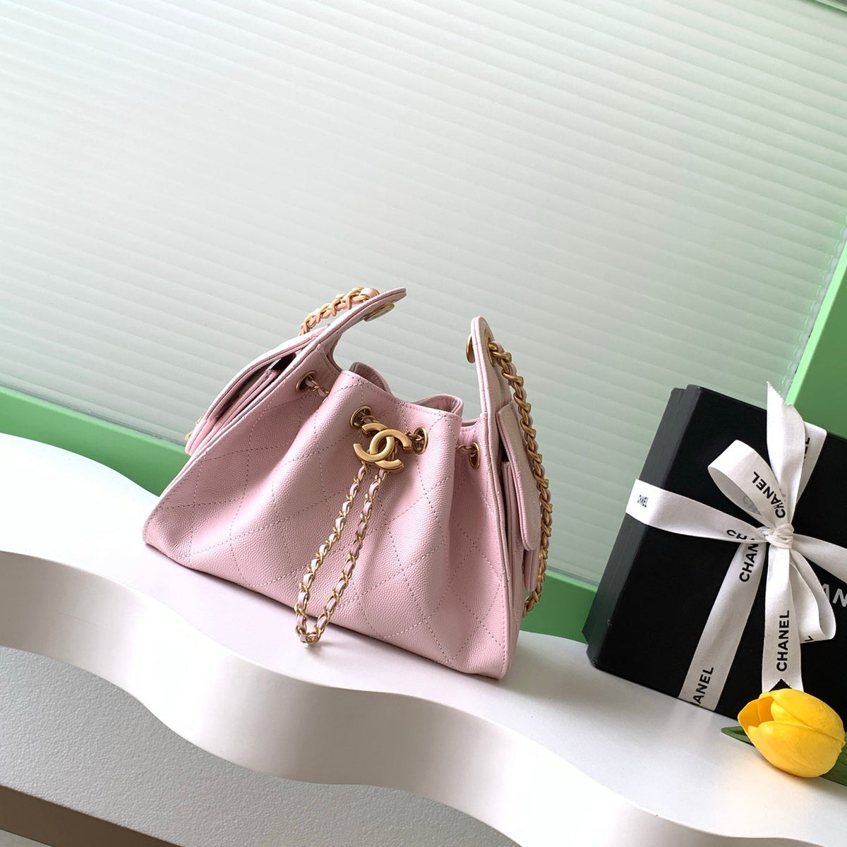 CHANEL 25S HOBO BAG 22 IN LIGHT PINK CAVIAR WITH GOLD HARDWARE