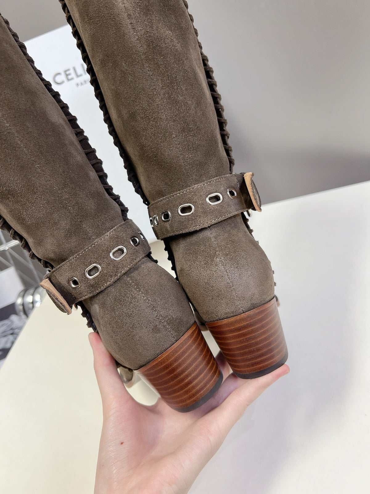 CELINE 25S BULKY LACED UP BOOTS 45MM IN CHARCOAL BROWN SUEDE