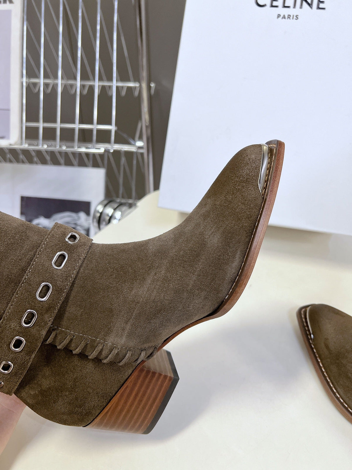 CELINE 25S BULKY LACED UP BOOTS 45MM IN CHARCOAL BROWN SUEDE