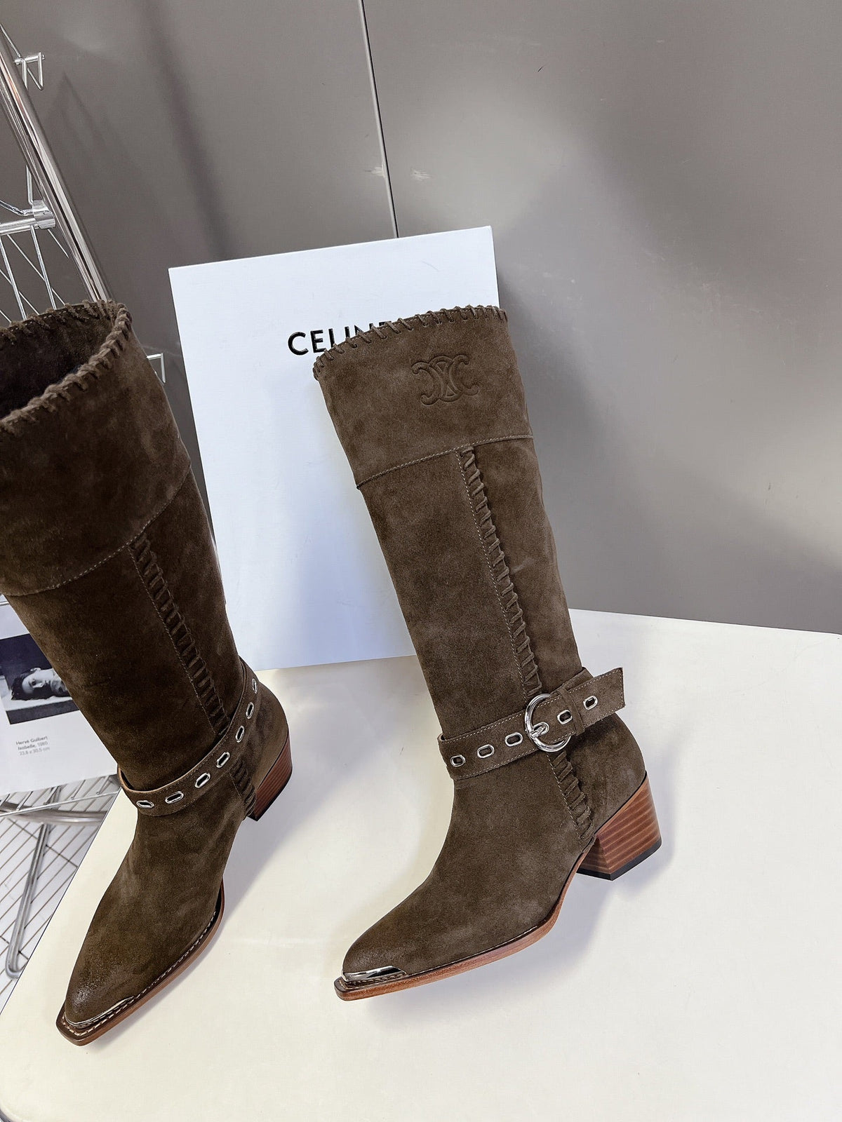 CELINE 25S BULKY LACED UP BOOTS 45MM IN CHARCOAL BROWN SUEDE