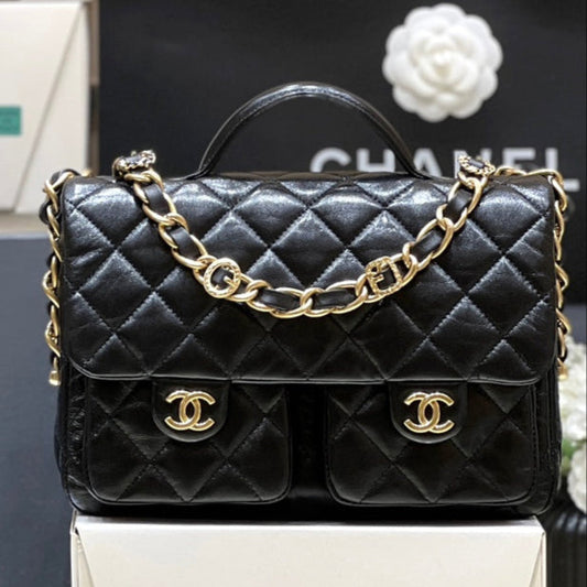 DOUBLE POCKETS FLAP BAG TOP HANDLE 24 IN BLACK LAMBSKIN GOLD HARDWARE