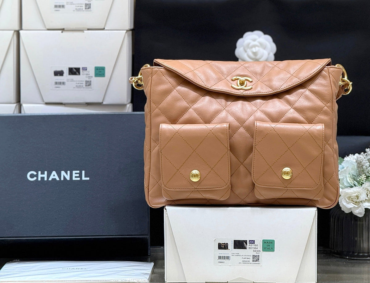 CHANEL 25S HIPPIE HOBO POSTMAN BAG 30 IN WARM TAUPE CALFSKIN GOLD HARDWARE