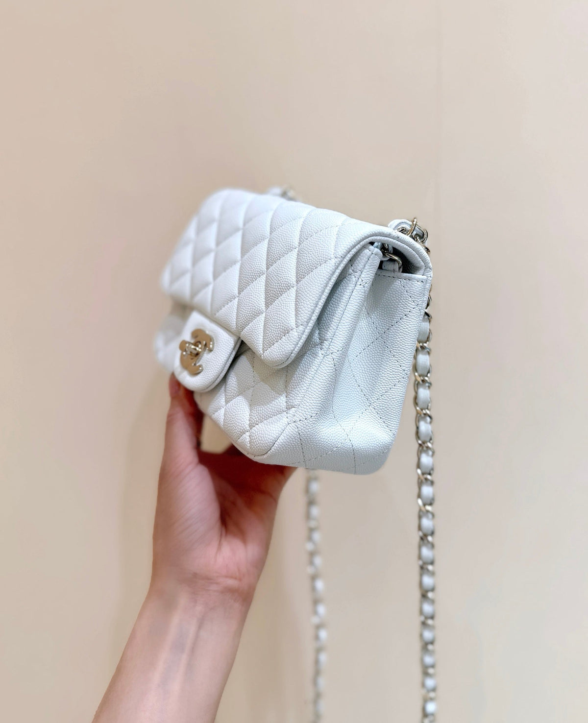 CHANEL 25S MINI SQUARE FLAP BAG 17 IN WHITE CALFSKIN CAVIAR GOLD HARDWARE