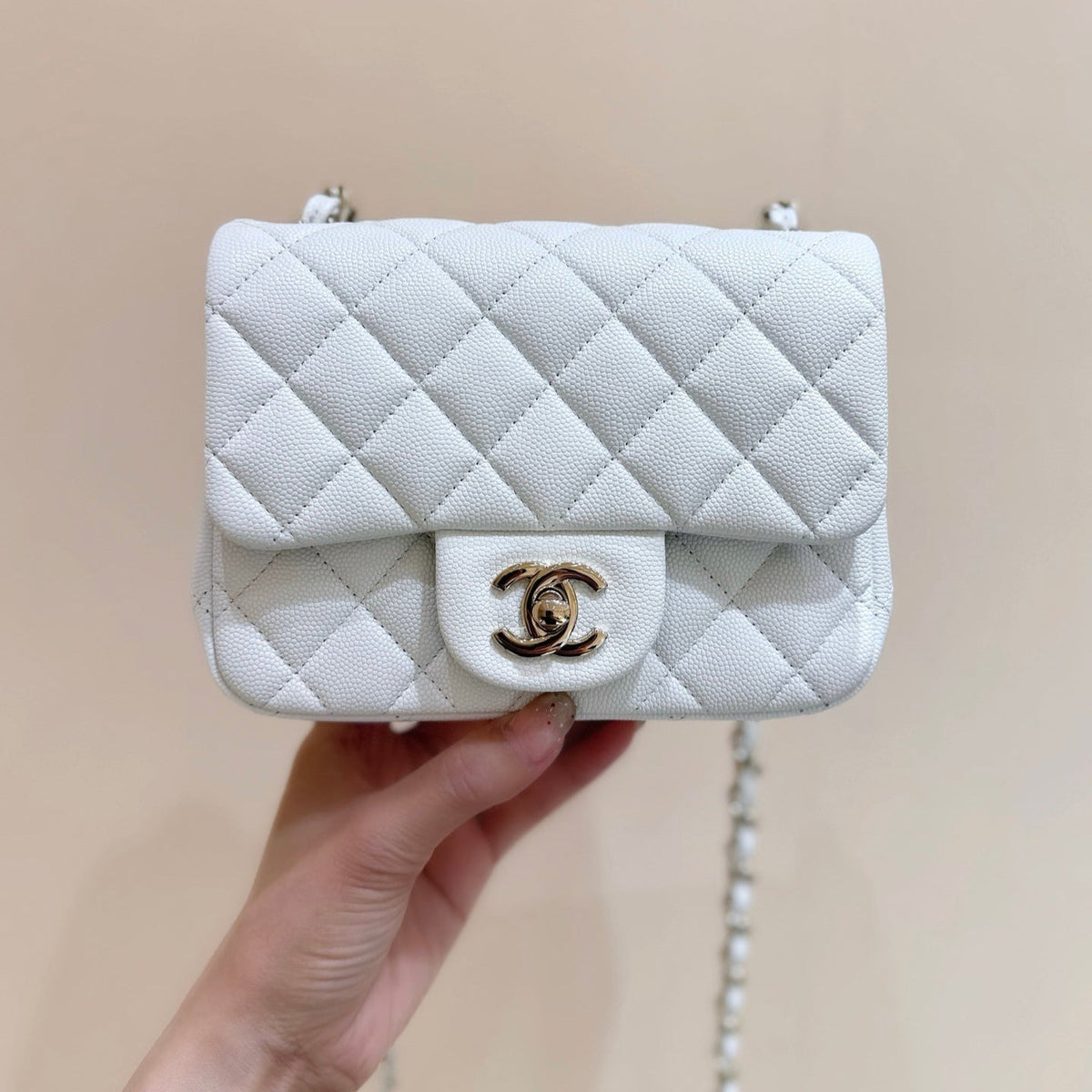 CHANEL 25S MINI SQUARE FLAP BAG 17 IN WHITE CALFSKIN CAVIAR GOLD HARDWARE