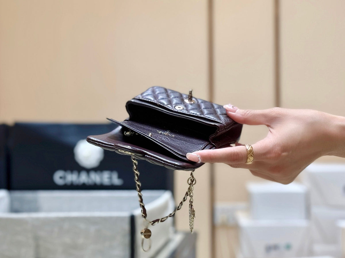 CHANEL 25S FLAP CHARM BAG 13 IN CHOCOLATE BROWN LAMBSKIN