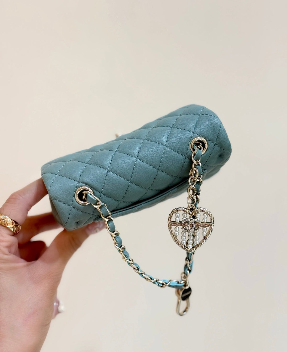 CHANEL 25S FLAP CHARM BAG 13 IN TEAL BLUE LAMBSKIN