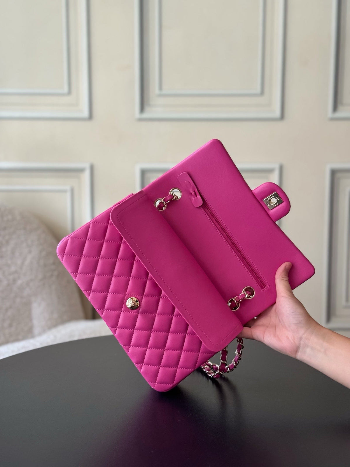 CHANEL 25S CLASSIC FLAP BAG 25 CM IN PINK LAMBSKIN WITH GOLD HARDWARE