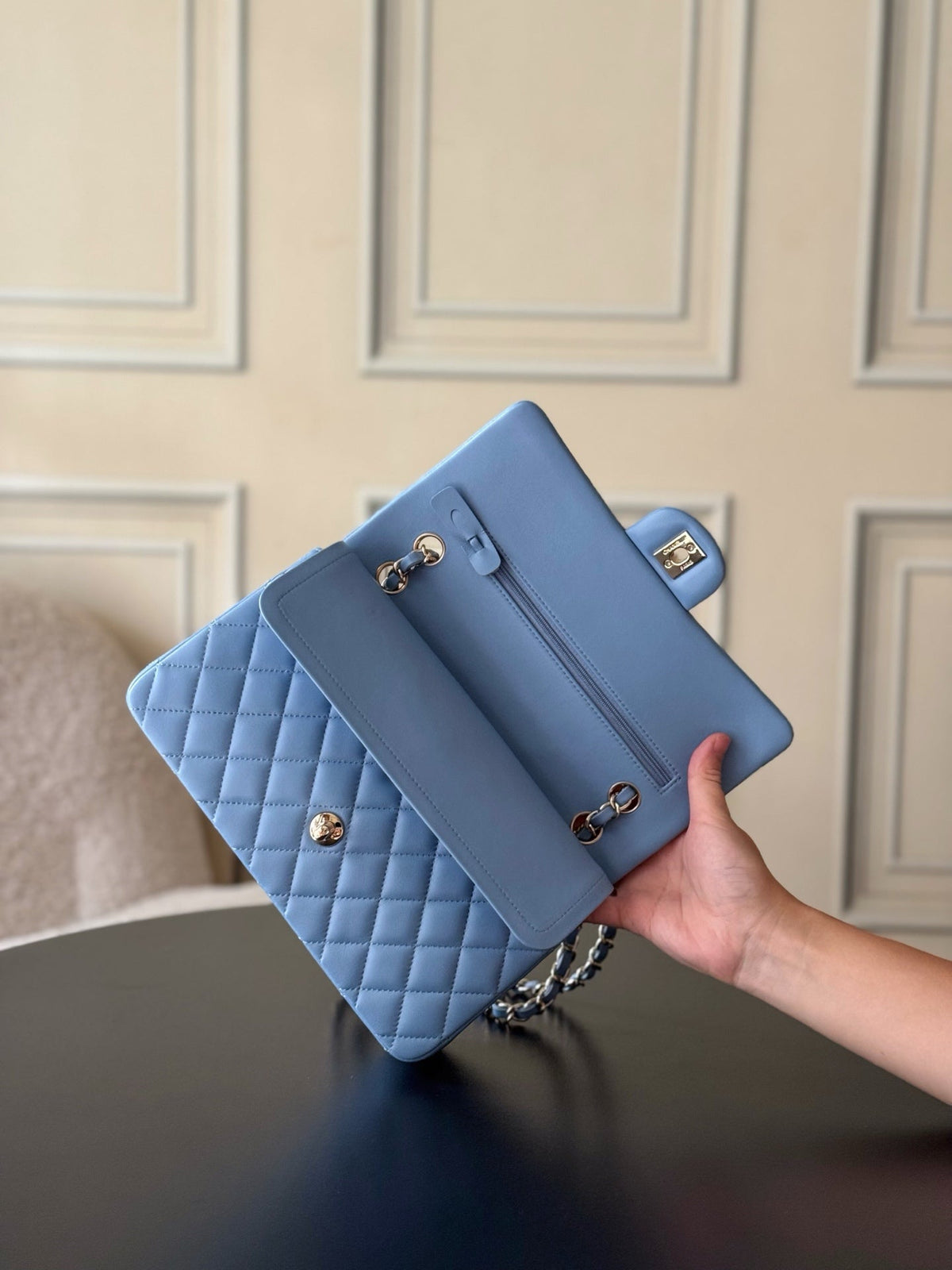 CHANEL 25S CLASSIC FLAP BAG 25 CM IN LIGHT BLUE LAMBSKIN WITH GOLD HARDWARE
