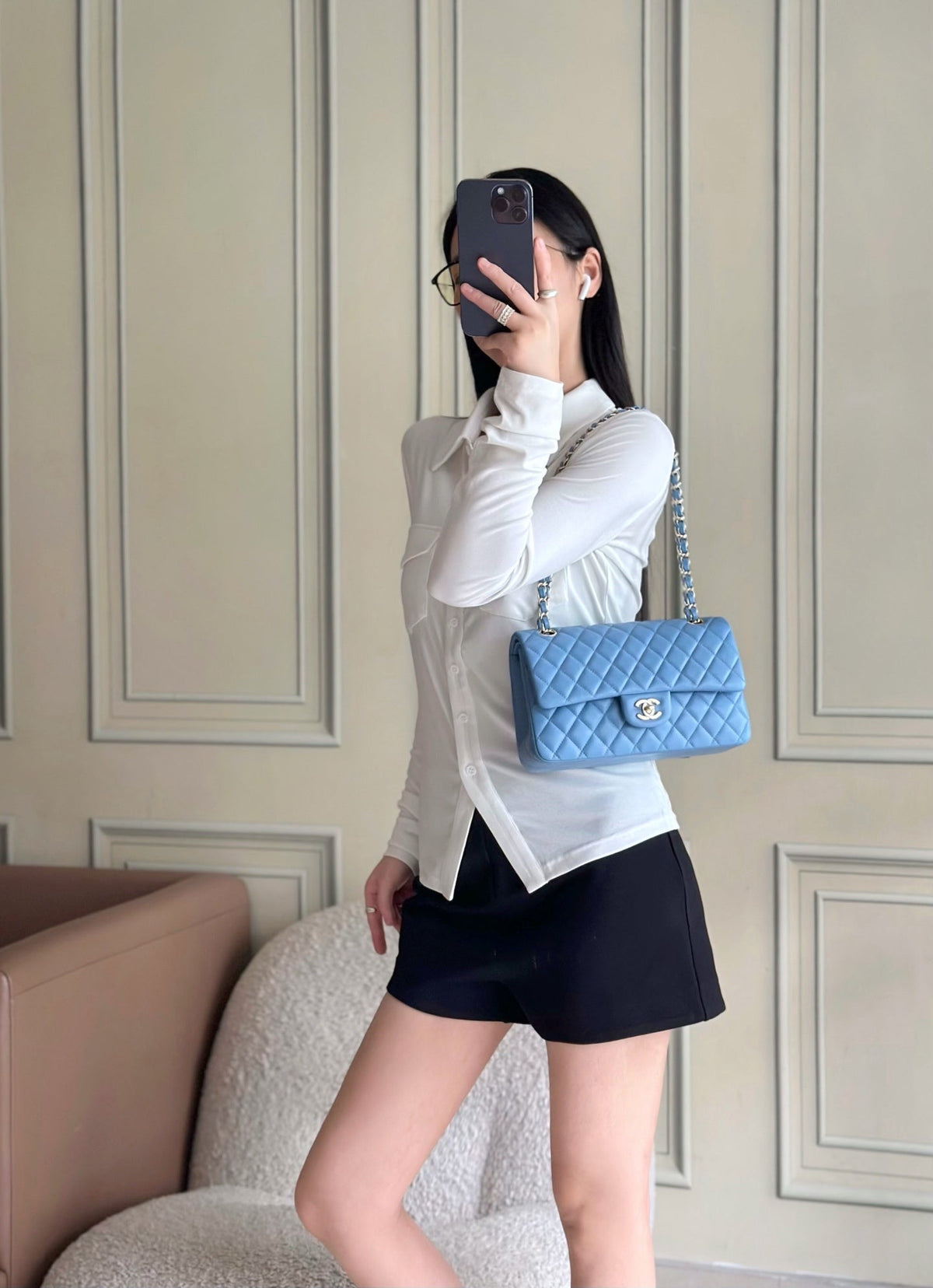 CHANEL 25S CLASSIC FLAP BAG 25 CM IN LIGHT BLUE LAMBSKIN WITH GOLD HARDWARE