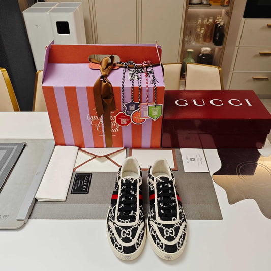 GUCCI 26S GG WEB SNEAKERS IN BLACK AND WHITE GG CANVAS
