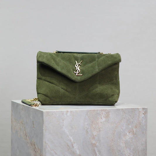 YSL 25S LOULOU PUFFER MINI 23 IN GREEN SUEDE GOLD HARDWRE