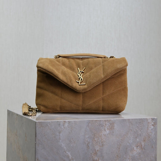YSL 25S LOULOU PUFFER MINI 23 IN TAN BROWN SUEDE GOLD HARDWRE