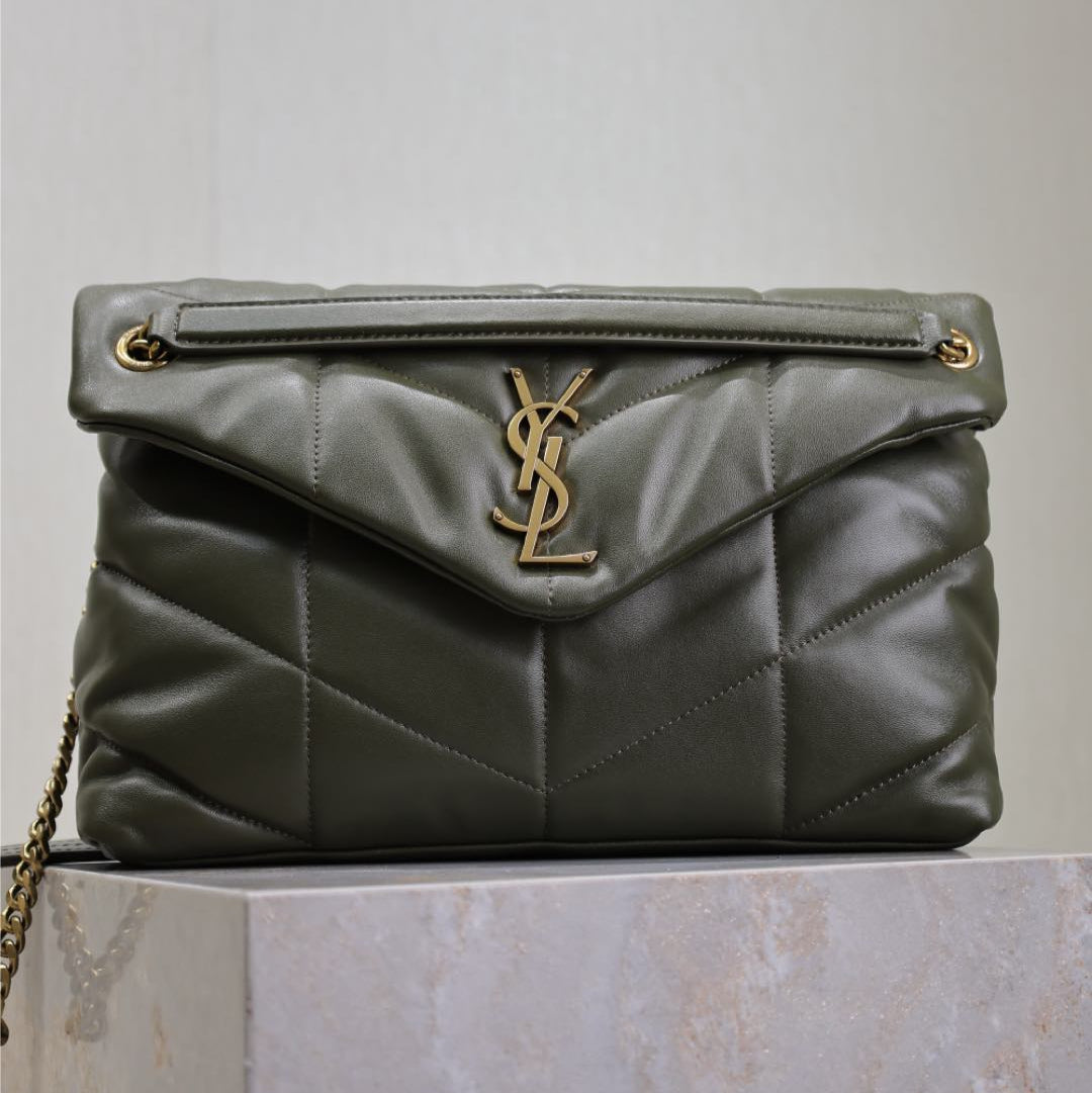 YSL 25S LOULOU PUFFER GM 35 IN DARK OLIVE CALFSKIN GOLD HARDWARE