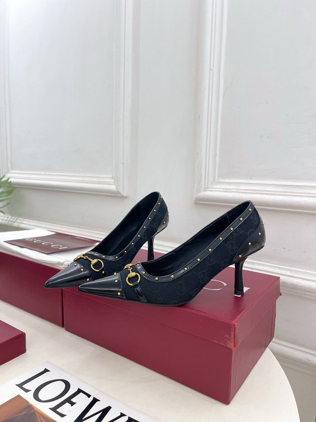 GUCCI 26S HIGH HEELS 75 MM IN BLACK CANVAS GG LOGO PATTERN
